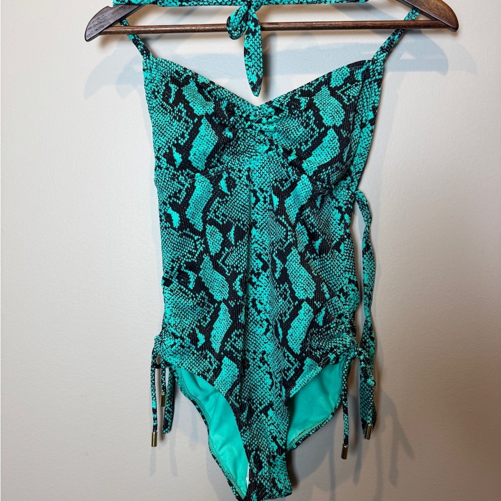 No Boundaries Teal and Black Snake-Print One-Piece Swimsuit